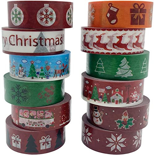 UOOOM Weihnachten Washi Tape Set 12 Rollen Dekorative Selbstklebendes Klebeband Masking Tape für Weihnachten Geschenkverpackung Dekoration DIY Scrapbooking Crafts (Rot)