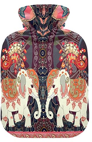 Indian Animal Elephant Paisley Hot Water Bottle with Cover, 2 L Transparent Hot Water Bag Hot Cold Compress, Great for Cramps Back Shoulder Pain Relief, Kids Men Women Hand Foot Warmer