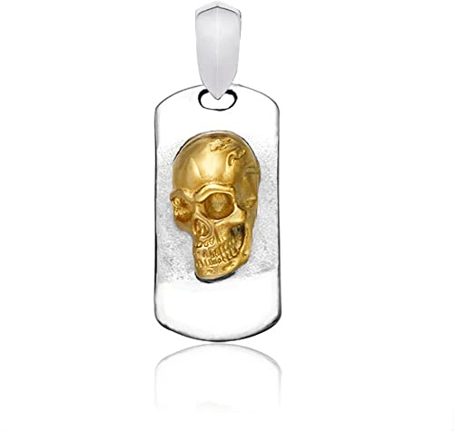 BlackAmazement 316L Edelstahl Anhänger Halskette Massiv 3D Totenkopf Dog Tag Platte Iron Cross Eisernes Kreuz Silber schwarz Biker Heavy Metal Damen Herren (Farbe Gold - Anhänger ohne Kette)