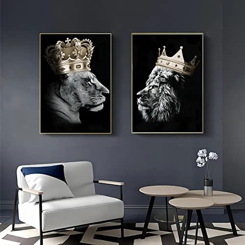 Löwe und Löwin mit Krone Leinwand Bilder,Schwarz Gold Tier Poster Dekoration,Afrika Löwin Kunst Drucke für Schlafzimmer bild Wohnkultur Dekor Kein Rahmen (Löwe B, 50x70cm*2)