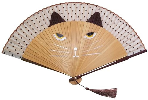 GFM® Bamboo Silk Handheld Folding Japanese Chinese Hand Fan Fan for Summer, Wedding, Party Favour (FLSLK-MR-E) (FLSLK-Cat-Brown-MR-1) (FLSLK-CT-KEK-MR-1)