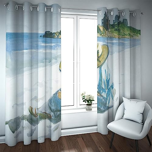 HengYun ART Paysage de Vacances en Bord de mer Rideaux occultants Blue Sea et Beach Girl Portant Un Chapeau Rideaux insonorisés Blackout complets pour Le Salon 2xL107xH229 cm