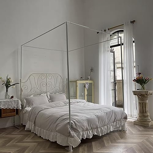 AdeptT Eckbett Baldachin Pfosten Rahmen volle Größe Bett Baldachin Rahmen Stangen Verschiedene Materialien Moskitonetz Bett Netz Baldachin Rahmen für Edroom Deco,Weiß, Full