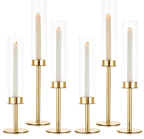 Sziqiqi Kerzenhalter Kerzenständer Gold Metall für Hochzeitstisch Mittelstücke - 48cm Hoch Kerzenständer 6er Set Windlicht Kerzenhalter Stabkerze mit Glas für Esszimmer Kaffee Tischdekoration