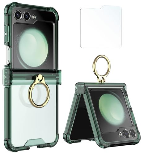 Simpeak Case Compatible with Samsung Galaxy Z Flip 5 5G, Soft Silicone Protective Cover Cases with Metal Ring Replacement for Galaxy Z Flip 5 for Women Men, Anti-Scratch,Shockproof Green