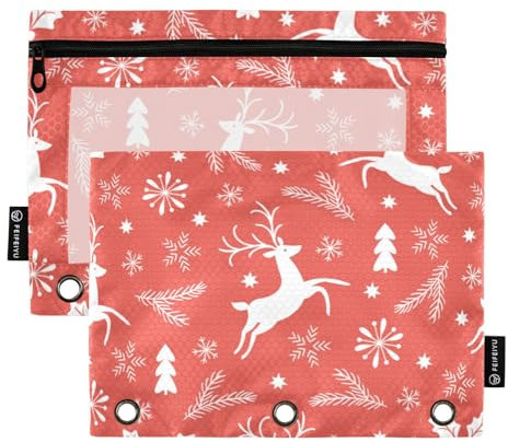 Red Christmas Rentier 3 Ring Binders Pencil Case 2 pcs File Folders for Office Examination Zipper Stationery Bag