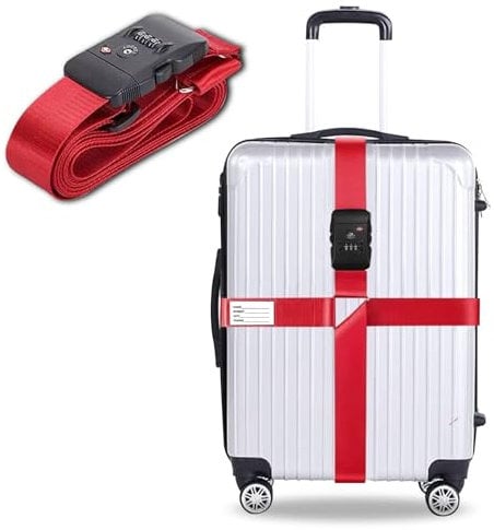 Sangle de Bagage Croisées, Sangle de Valise avec Serrure de Bagage Certifiée TSA, Ceintures de Valise de Réglables avec Étiquette de Bagage (Rouge)