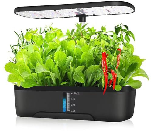 Hydroponische Anzuchtsysteme, Smart Garden mit LED-Pflanzenlampe, Automatisch Timer Indoor Kräutergarten Kit, Höhenverstellbar, Schwarz (12 Löcher)
