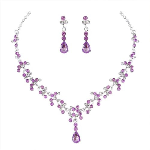 Prosy Bride Strass Collana e Orecchini Set Collana di Cristallo Bridal Party Wedding Jewelry Set per le Donne e le Ragazze (Argento viola)