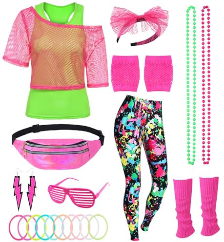 80er 90er Jahre Outfit Damen Netzshirt, Tank top, Leggins, Netzhandschuhe, Bauchtasche, Haarband, Ohrring, Armband, Halskette, 80iger Kostüm Zubehör Neon Kleidung 80s Aerobic Bad Taste Outfit FR042L