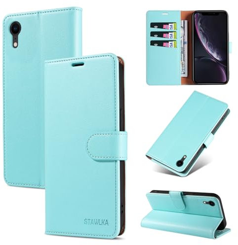 STAWLKA Case for iPhone XR, Premium PU Leather Flip Magnetic Buckle Wallet Case Kickstand Blocking RFID Shockproof Protective Phone Cover for iPhone XR - Mint Green