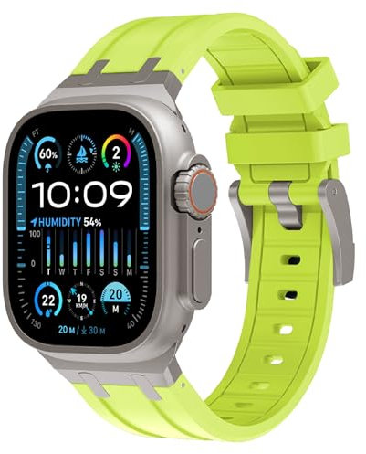 VeveXiao Correa resistente de diseño de lujo compatible con Apple Watch Ultra/Ultra2 de 49mm,45mm,44mm,42mm,de silicona impermeable iWatch Series 9 8 7 6 5 4 3 2 1 SE,Titanio Verde Fluorescente