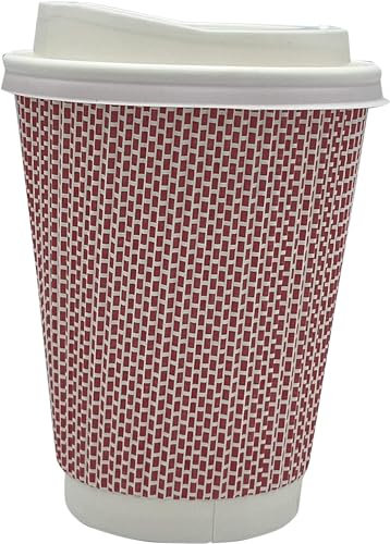 HOT BARGAINS, 100 x 12oz / 360ml Disposable Coffee Cups with Lids Leak Proof Triple Layered Recyclable Paper Cups for Hot and Cold Drinks Takeaway Cups (RED & White)