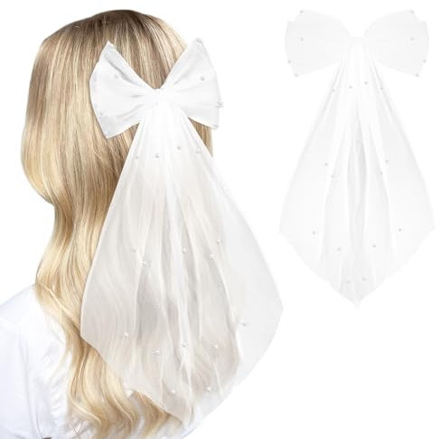 UPUPGO 2 Stück Braut Haarschleife Schleier Weiße Perlen Brautschleier Schleier Braut Haarschleife Schleife Tüll Haarschmuck Hochzeit Brautschleier für Frauen und Mädchen Dickes Haar