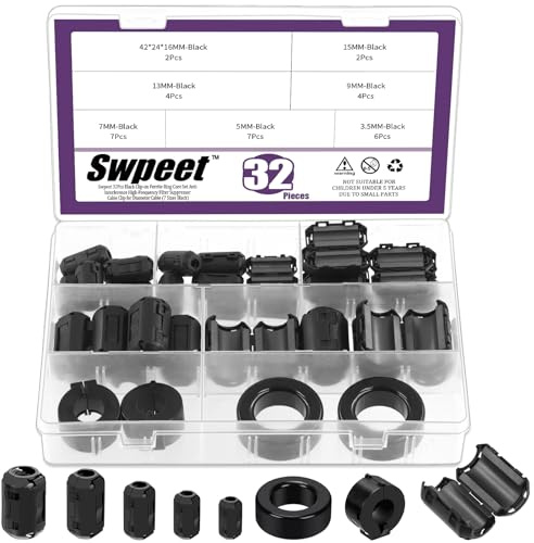 Swpeet 32Pcs 7 Größen Clip-on Ferrit Ring Kern mit Toroid Kern Assortiment Kit, RFI EMI Geräuschunterdrücker Kabel Clip für 3.5/5/7/9/13/15/42 * 24 * 16mm Durchmesser HDMI USB Kabel