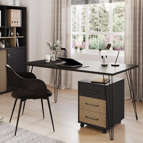 Lomadox Büromöbel Set 2-teilig Schreibtisch inkl. Rollcontainer Arbeitstisch Computertisch schwarz mit Akustikpaneel Optik