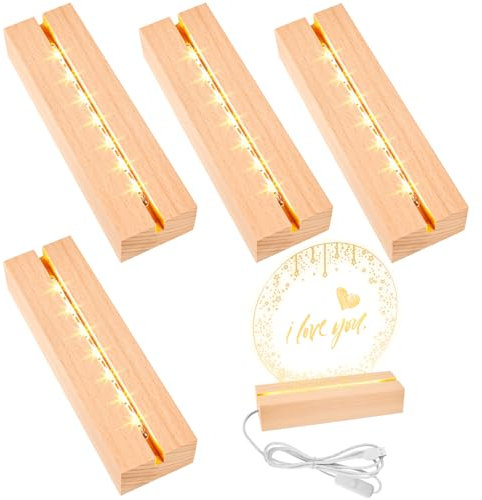 BAIFULAI 4 Unidades de Zócalos LED 20 cm, Luz LED Con Interruptor USB, Colores Cálidos, Soporte de Madera Para Bloque de Cristal, Resina, Arte