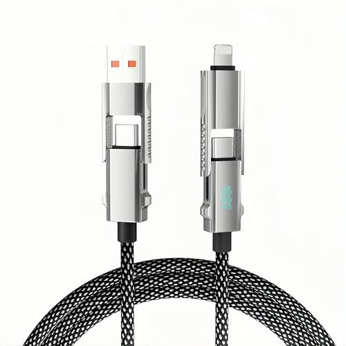 YCTech 4 in 1 LED Display Multi Charger Cable, 65W Dual USB C/USB A/Lightning Fast Charging Cable for iPhone 16/15/14/13/12 Pro Max, iPad, MacBook,Airpods,Samsung S24/S23/S22/S21/S20 Ultra FE,Google