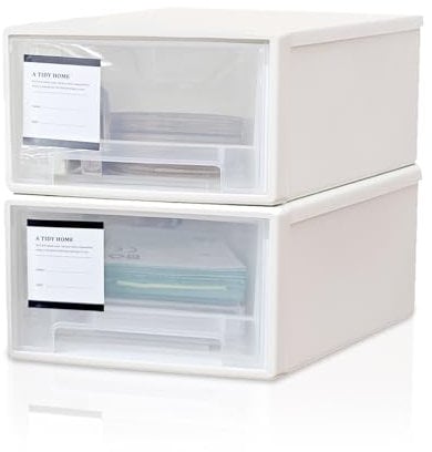 quiodok 2 Stück Schubladenbox Kunststoff Weiß Stapelbar Schreibtisch Schubladenbox aus Kunststoff Geeignet Schreibtisch Organizer Mit Schubladen für Wohnzimmer, Schlafzimmer, Büro