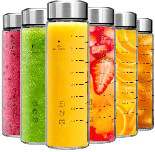 Botellas de jugo de vidrio de 20 onzas, botellas de agua de vidrio de boca ancha con tapas, borosilicato, tapas de acero inoxidable para jugos, batidos, agua infundida, almacenamiento de bebidas, a