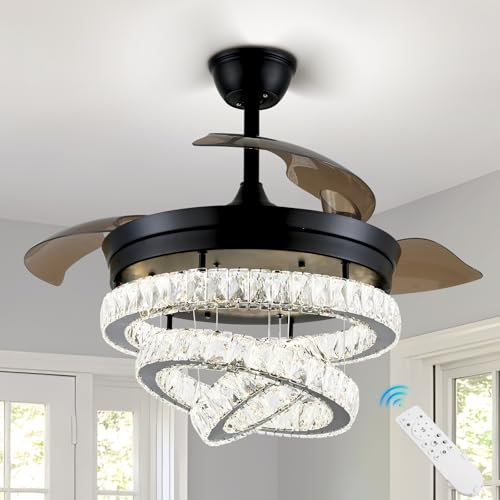 diisunbihuo 42“ Schwarzer Kronleuchter mit Lichtern Dimmbarer LED Kristall Deckenventilator für Schlafzimmer Individuelle 3 LED Farbwechsel mit Timi Memory Funktion
