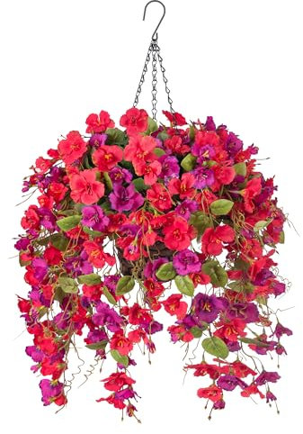 Artificial Fake Hibiscus Hanging Flowers Baskets for Outdoor Decoration, Faux Plants Silk Hibiscus Long Vines in Planter UV Resistant Realistic Flowers for Outside Porch Patio Home Decor, RedPurple