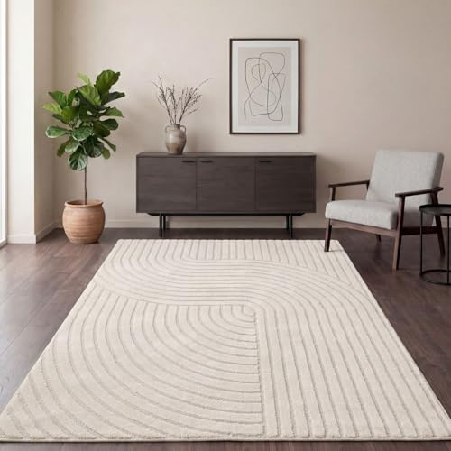 TT Home Wohnzimmer Teppich Esszimmer Kurzflor Panglao Japandi Design Skandinavisch Boho Uni Arches Soft-Touch Hoch-Tief-Effekt, Größe:200x280 cm