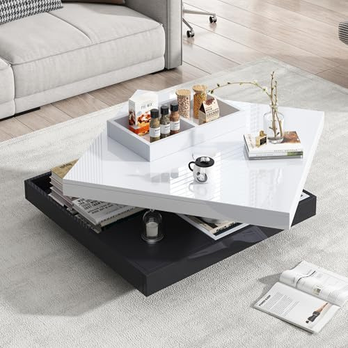 SUKY Hochglanztischplatte funktionaler Couchtisch, 70 * 70 * 36 cm, Wohnzimmertisch, 360° drehbar, 2-stöckige drehbare Tischplatte mit Ablagefach (schwarzes Untergestell)