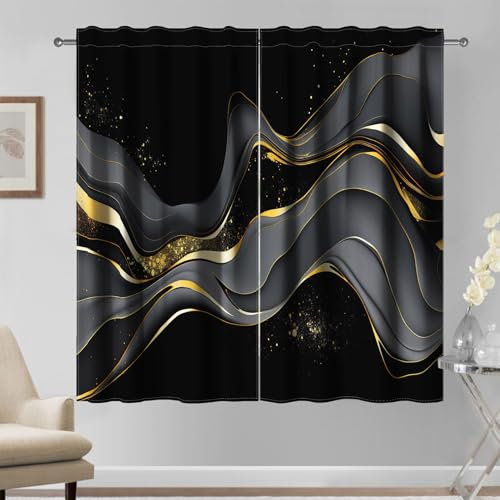 Kzzfqxb 132×214cm Vorhänge, Schwarzer Himmel Schwarz Goldenes Weites Universum Goldene Fluss Marmorvorhänge für Wohnzimmer Dekoration, 2 Paneele Edle Elegante Gardinen, Moderne Kunst