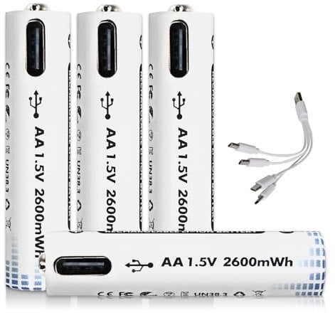 Anern Batterie al litio ricaricabili AA da 1,5V USB ricaricabili agli ioni di litio AA 3400mAh con cavo di ricarica 4 in 1 di tipo C, ricarica rapida, carica 1500 volte di ciclo (4 pezzi)