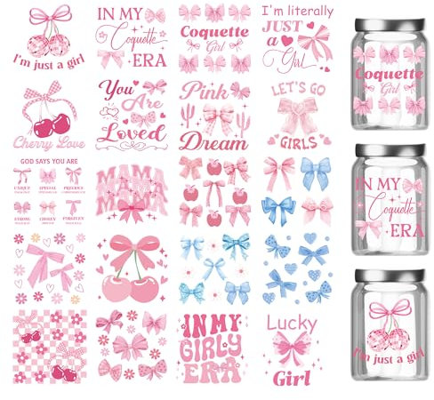 UV DTF Cup Wraps Stickers - 20 Sheet Pink Bow UV DTF Cup Wraps Waterproof Rub On Transfer Stickers Decals for Girls DIY Craft 16 Oz Glass Water Bottles Mugs Furniture Decorations