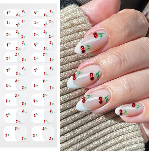 JMEOWIO Unghie Gel Adesive UV Punta Francese Ciliegia Smalto Adesivo per Unghie Gel Nail Stickers Decorazioni Unghie Nail Art Disegni