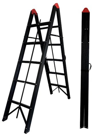 Escabeau Pliant en Aluminium, 180 cm, 5 Marches Antidérapantes, Noir