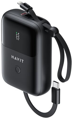 HAVIT 10000mAh Power Bank with Built in Cable - Fast Charging Portable Powerbank Charger with USB-C & Lightning Cables, Compact External Battery Pack for iPhone, Samsung, Travel & Camping - Black