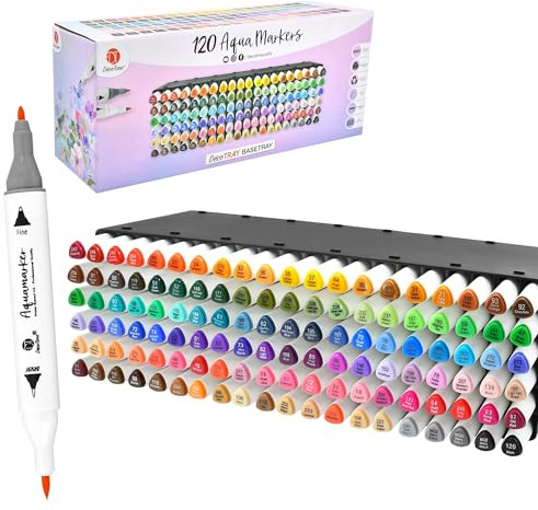 Decotime 120 Dual-Tip Aqua Markers, XXL Stackable Deco Tray - Watercolour Brush Pens Set - Non Toxic - Professional Colouring Pens for Art & Illustration - Fine & Brush Tips