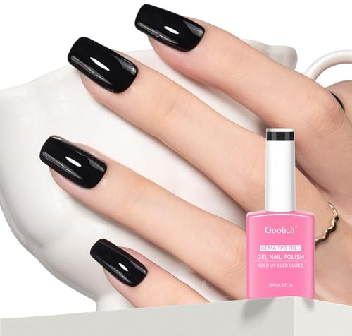 Goolich Black Gel Polish, 15 ML HEMA & TPO Free Pure Black Gel Nail Polish Soak off U V LED Fall Winter Nail Art Design Manicure Salon for Women Girl