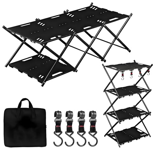 CGLRybO Camping Folding Storage Table，2-in-1 4-Tier Storage Rack, Shelves Camping with Storage Bag, Portable Outdoor Picnic Rack For Beach BBQ Grill Cooking