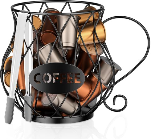 Uniclife Coffee Pod Holder with Ice Tongs, Large Capacity K Cup Holder for 10-30 Capsules, Metal Wire K Cup Organizer Coffee Pod Organizer, Storage Basket for Kitchen Office Coffees Bar Accessorie