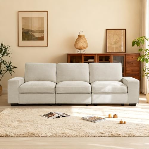 DUANDUAN 255cm Modulares Sofa mit Großem Stauraum, Modernes Chenille-3-Sitzer-Sofa, Bequem, Breite Armlehnen, Seitentaschen, USB-Anschluss, Abnehmbarer Bezug – für Wohnzimmer, Büro, Wohnung, Beige