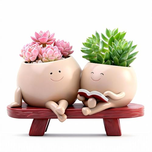 Wxeadu Blumentopf mit Smiley, Lustige Blumentöpfe für Drinnen, Blumentopf mit Gesicht Auf Einer Bank Sitzen und Lesen, Sukkulenten Topf mit Ablaufloch für Außen Innen Home Gartendeko (Lesen)