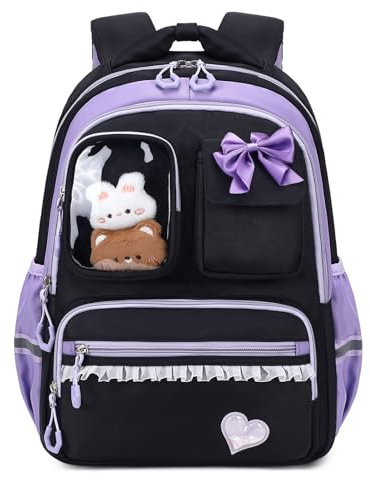 Amythe Schultasche Mädchen Rucksack Kinder 1. - 5. Klasse, Schwarz Lila | Atmungsaktiv und Bequem Schulrucksack für Mädchen, Mode School Bag for Girls mit Reflektierend, 22 Liter