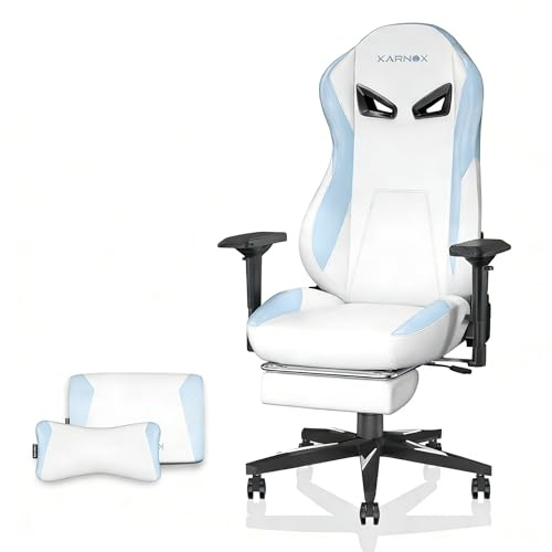 kozamas Gamer-Stuhl mit Verstellbarer Kopf- & Lordosenstütze – Höhenverstellbarer Computerstuhl mit Fußstütze & 4D-Armlehnen, Stoffbezug, bis 150kg Belastbarkeit in Weiß/Blau