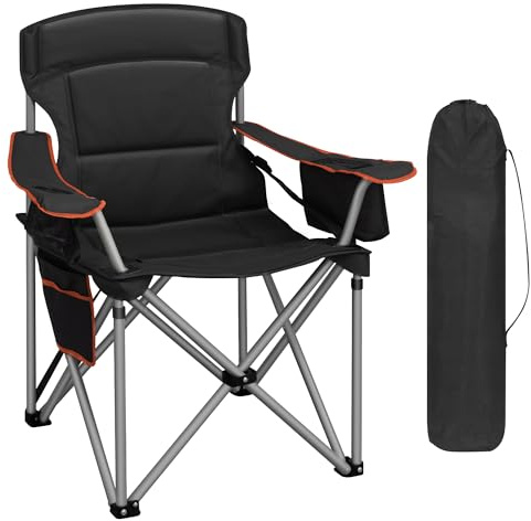 Hzuaneri Campingstuhl, mit Getränkehalter, Tragetasch, Schwarz und Orange | 220 KG Campingstuhl Faltbar mit Kühltasche, Hochlehner Bequem Gepolste, Anglersessel Klappstuhl Garten Balkon Strand