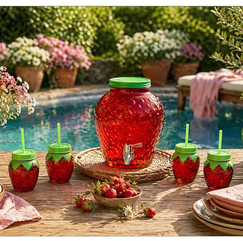 5tlg Wasserspender Set Getränkespender+Zapfhahn 4x Trinkglas+Deckel+Strohhalm Wasserspender 4 Liter