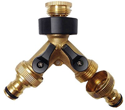 Nuzamas 2-Wege-Schlauchverteiler aus massivem Messing, mit Absperrventil, ¾-Zoll-Wasserhahn und Ausgänge, verwenden Sie bis zu 2 Schläuche gleichzeitig, mit 2 Schnellverbinder-Adaptern