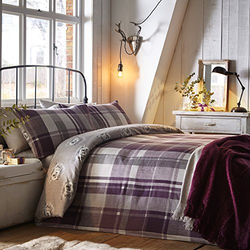 Dreams & Drapes Colville Check-100% Brushed Duvet Cover Set, 100% Cotton, Plum, Single Bed