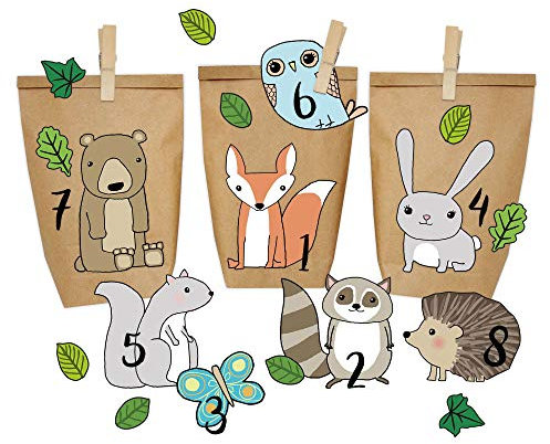 Papierdrachen DIY Adventskalender Kraftpapier Set - Waldtiere zum Aufkleben - mit 24 braunen Papiertüten zum selbst Befüllen und zum Selbermachen - Weihnachten 2019