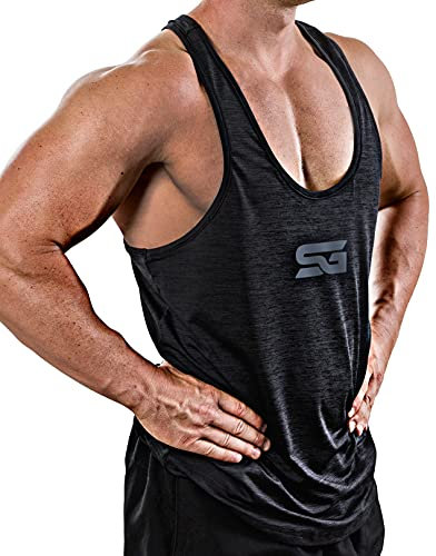 Satire Gym® - Fitness Stringer Tank Top - Herren Sportbekleidung - Perfekter Bodybuilding & Trainings Tank Top (schwarz meliert - Grauer Print, L)