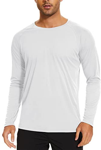 TACVASEN Herren UV Shirts Langarm Atmungsaktiv Sonnenschutz Outdoor Fishing Oberteil Rash Guards, Weiß, L
