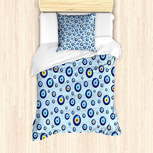 ABAKUHAUS Evil Eye Bettbezug Set für Einzelbetten, Schutzschilder für Kinder, Milbensicher Allergiker geeignet mit Kissenbezug, Hellblau Weiß